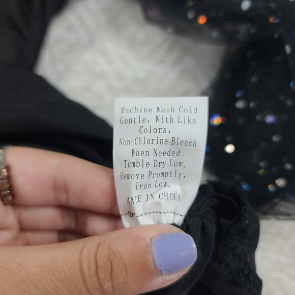 Black Deep V neck sheer rhinestone embellished puffy sleeve top glam size M - Picture 11 of 12